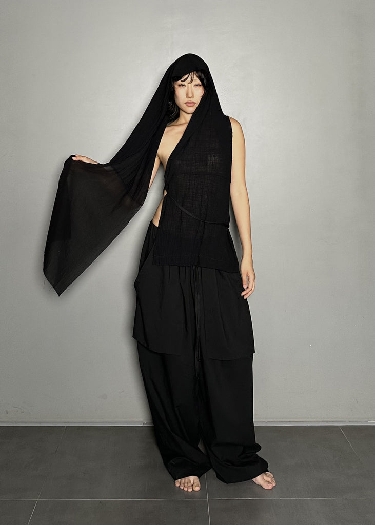 SS25 AMU Unisex. Versatile Scarf-Tie Top #BLACK