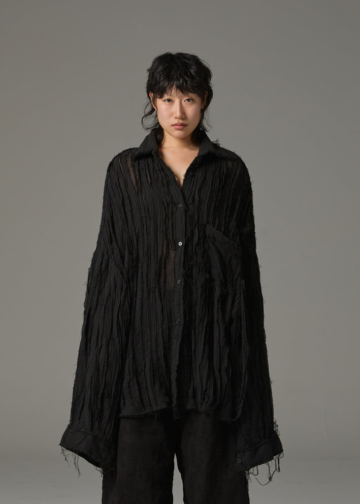 FW25 AMU UNISEX. Hand-Cut Washed Oversized Shirt #BLACK