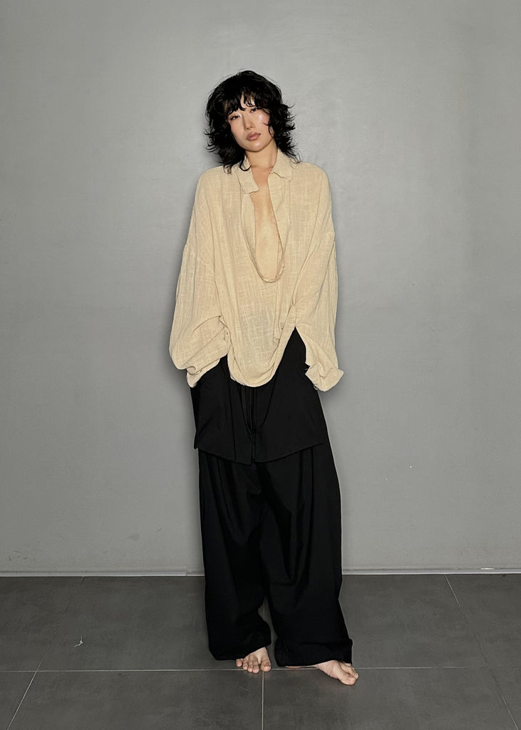 SS25 AMU Unisex. Oversized Low-Neckline Shirt Top #BEIGE