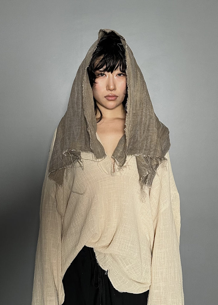 SS25 AMU Unisex. Irregular Crease & Dyed Herringbone Scarf #BEIGE