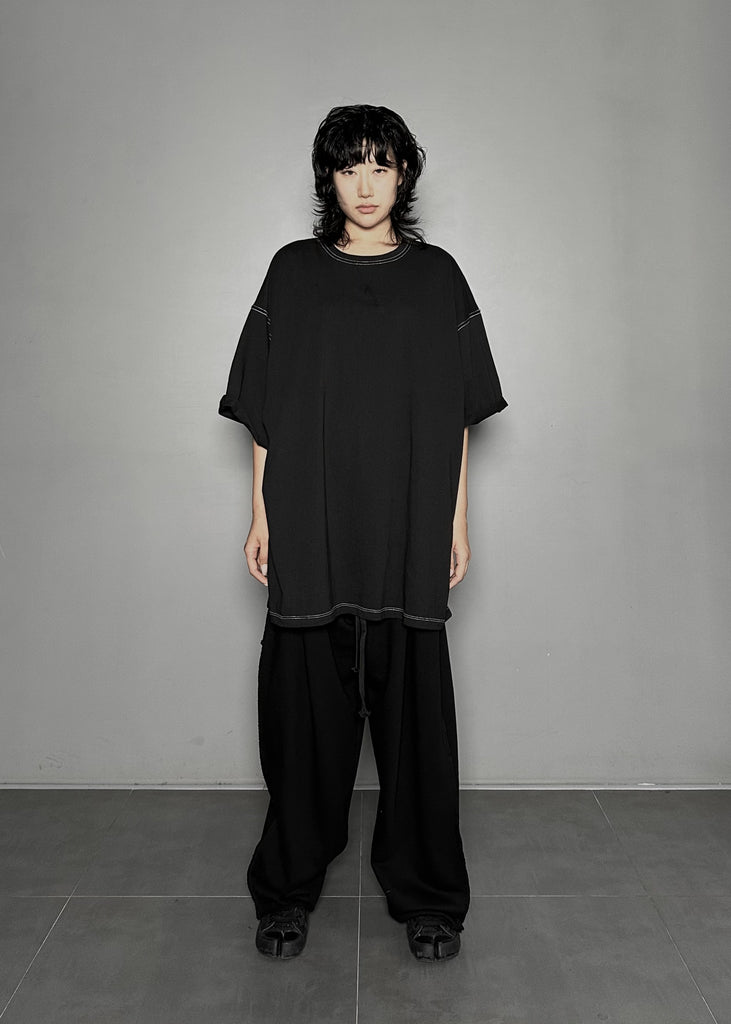 SS25 AMU Unisex. Folded Sleeve Contrast Stitch Tee #BLACK