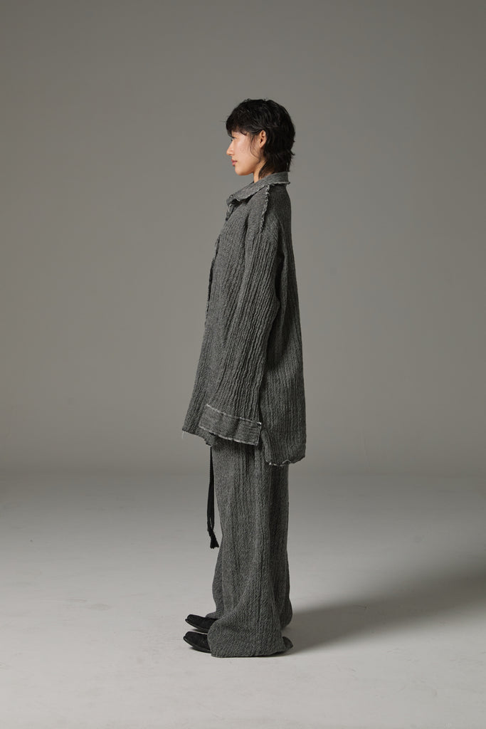 FW25 AMU UNISEX. Washed Oversized Herringbone Wool Pants #BLACK