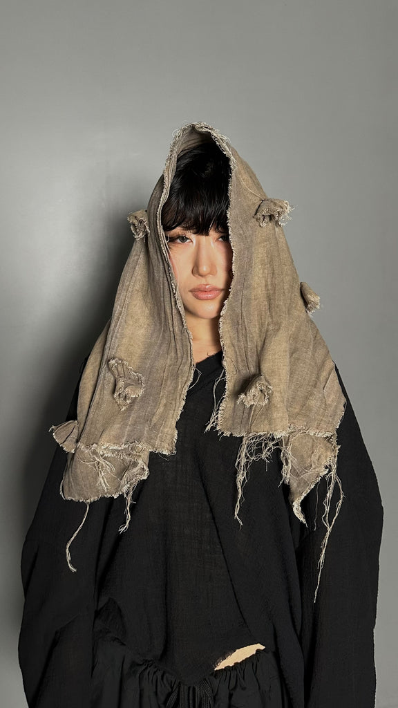 SS25 AMU Unisex. Irregular Crease & Dyed Herringbone Handmade Scarf #BEIGE