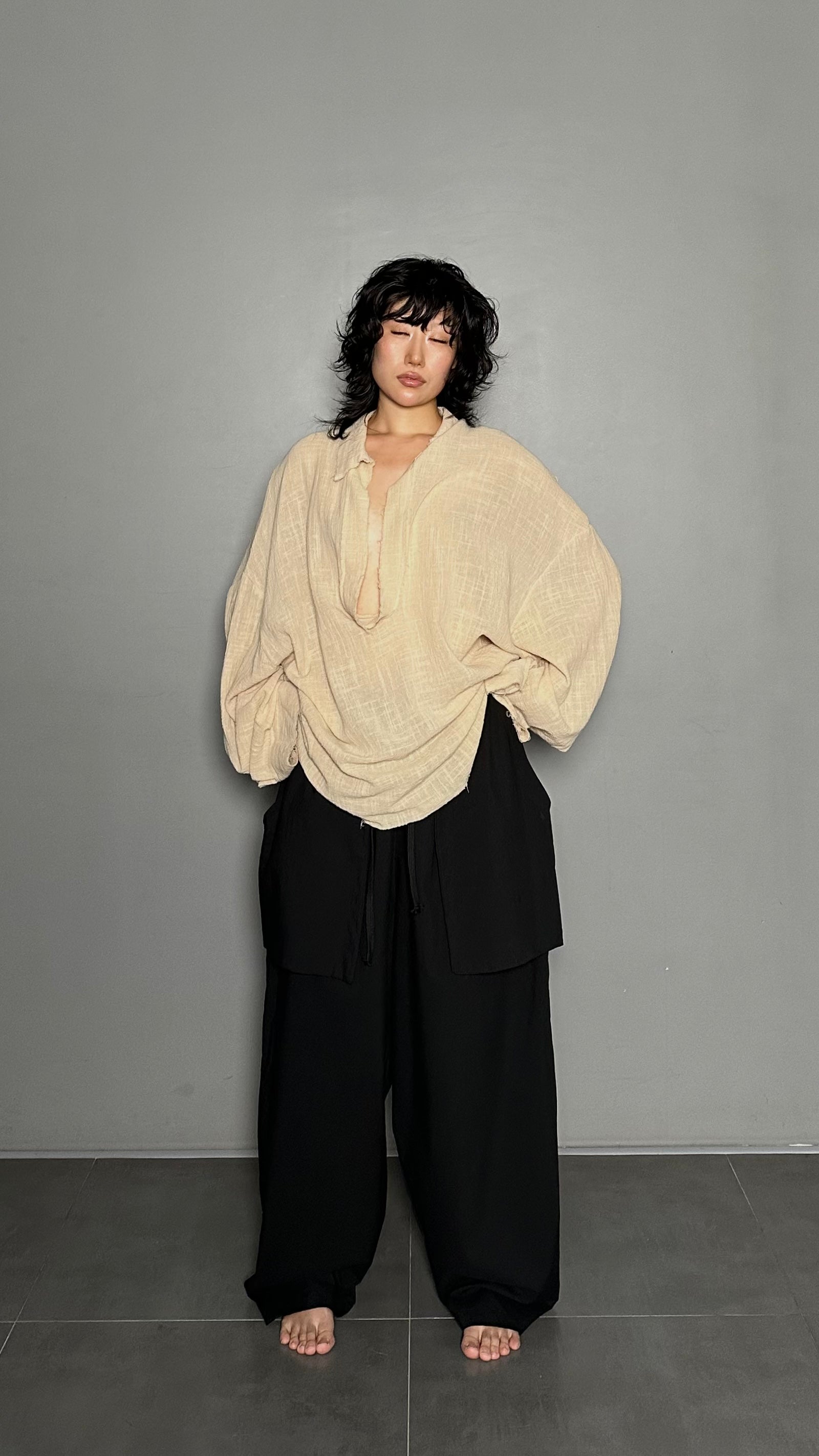 amu♡SHOP② SS25 AMU Unisex. Oversized Low-Neckline Shirt Top #BEIGE