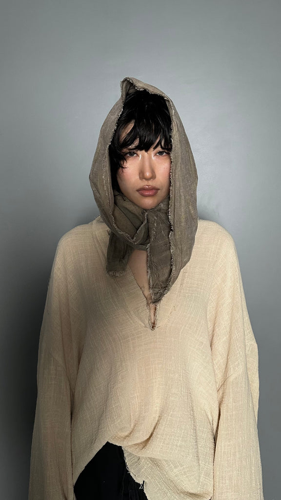 SS25 AMU Unisex. Irregular Crease & Dyed Herringbone Scarf #BEIGE