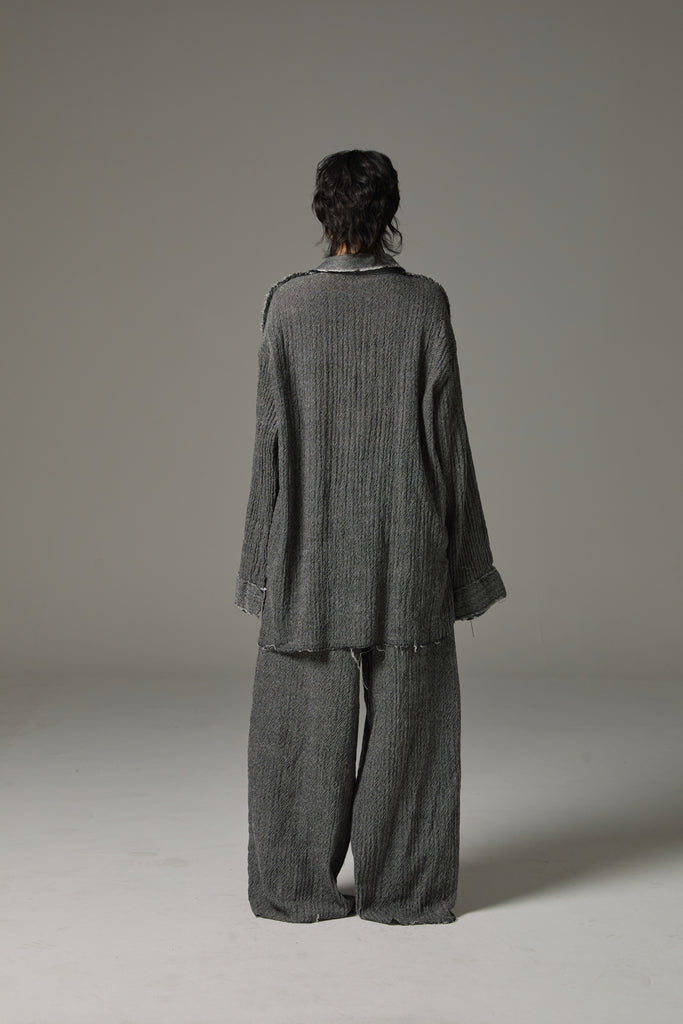 FW25 AMU UNISEX. Washed Oversized Herringbone Wool Shirt #BLACK