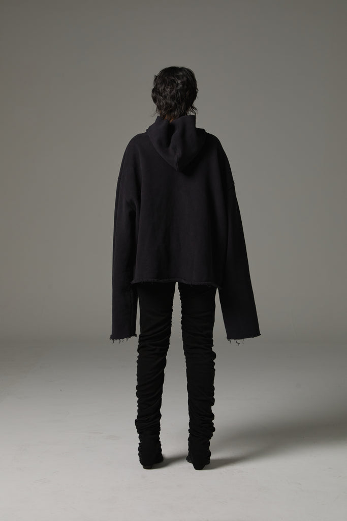 FW25 AMU UNISEX. Cut-Out Washed Oversized Napped Hoodie #BLACK