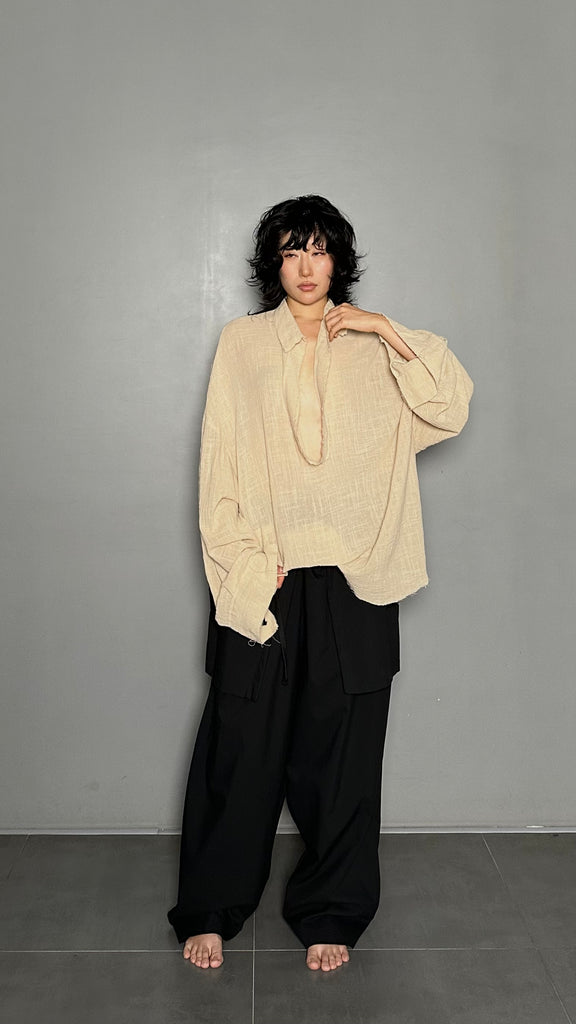 SS25 AMU Unisex. Oversized Low-Neckline Shirt Top #BEIGE