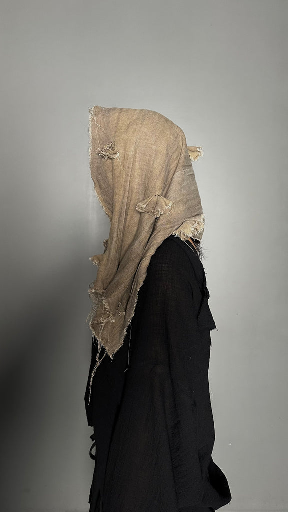 SS25 AMU Unisex. Irregular Crease & Dyed Herringbone Handmade Scarf #BEIGE