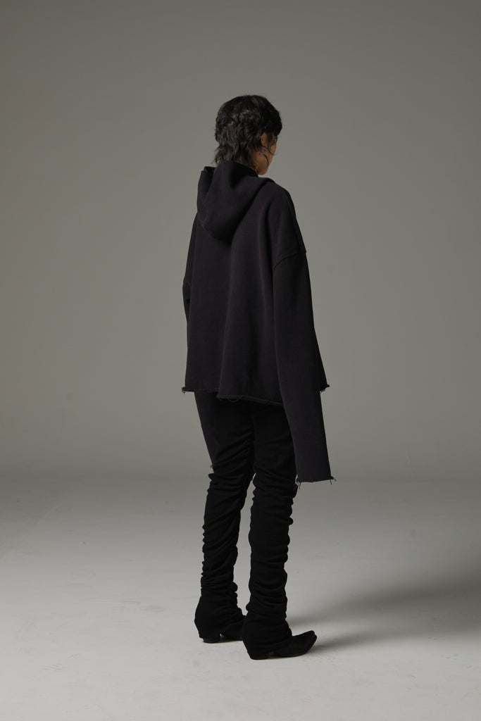 FW25 AMU UNISEX. Cut-Out Washed Oversized Napped Hoodie #BLACK