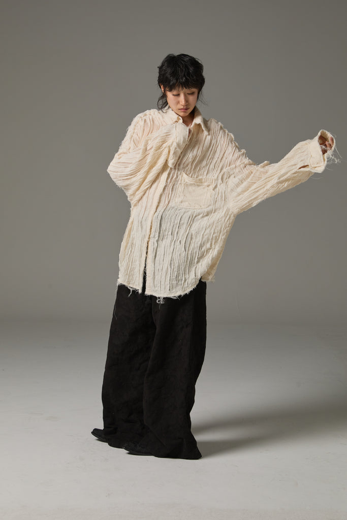 FW25 AMU UNISEX. Hand-Cut Washed Oversized Shirt #WHITE