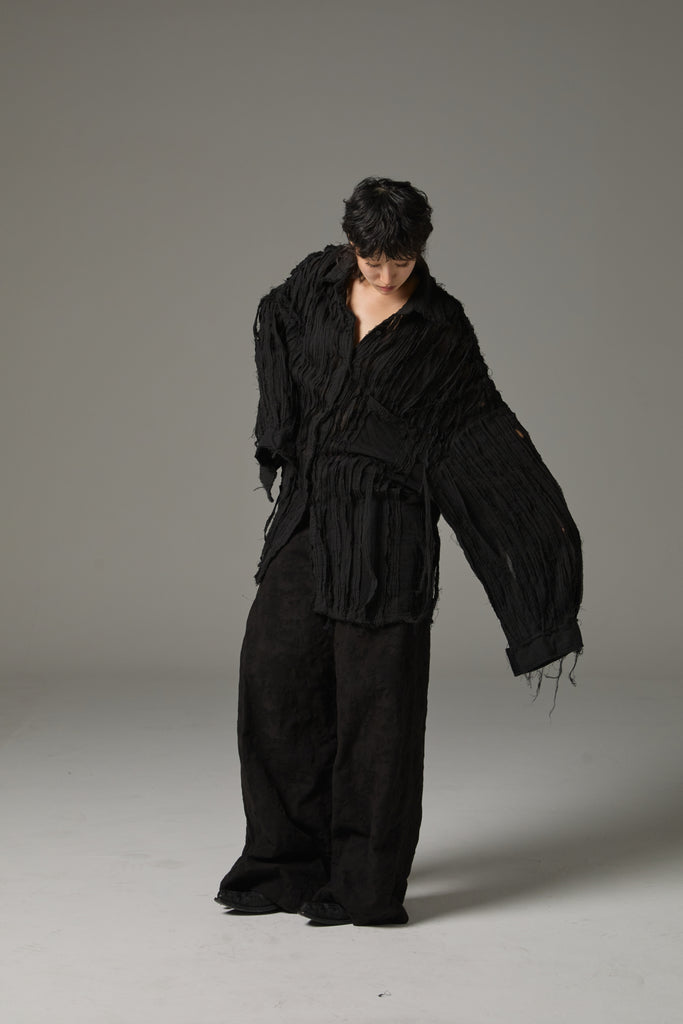 FW25 AMU UNISEX. Hand-Cut Washed Oversized Shirt #BLACK