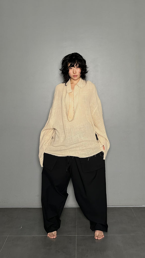 SS25 AMU Unisex. Oversized Low-Neckline Shirt Top #BEIGE