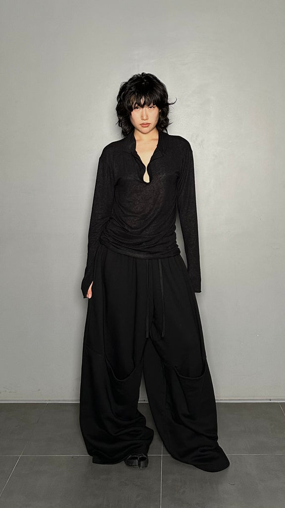 FW25 AMU Unisex. Wool-Tencel Long-sleeve Tee #BLACK