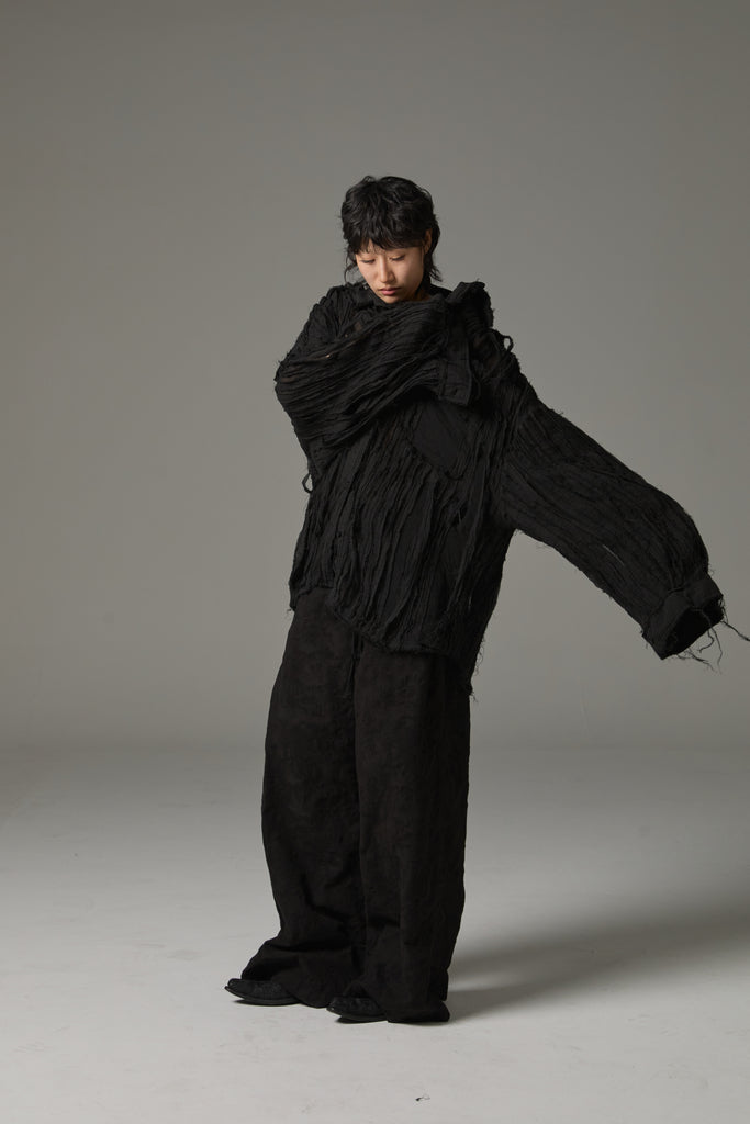 FW25 AMU UNISEX. Hand-Cut Washed Oversized Shirt #BLACK