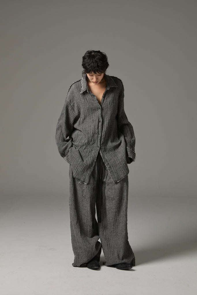 FW25 AMU UNISEX. Washed Oversized Herringbone Wool Pants #BLACK