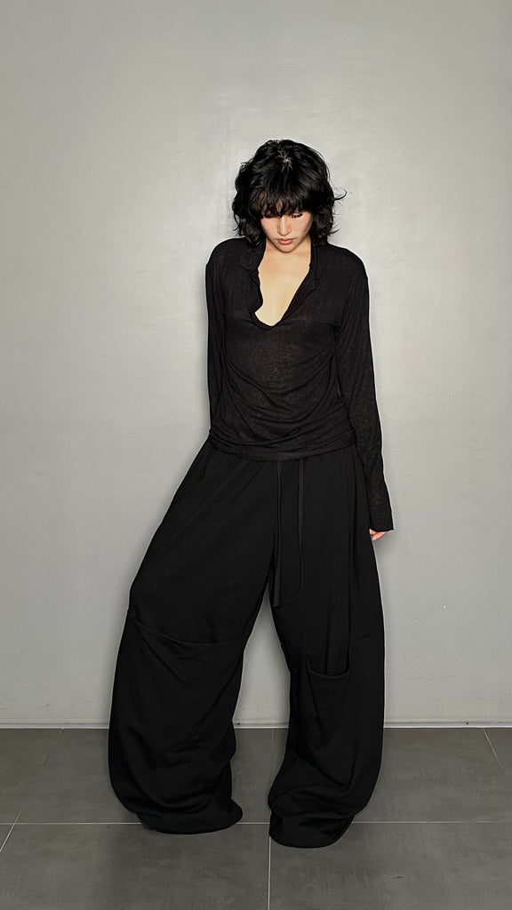 FW25 AMU Unisex. Wool-Tencel Long-sleeve Tee #BLACK