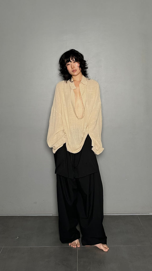 SS25 AMU Unisex. Oversized Low-Neckline Shirt Top #BEIGE
