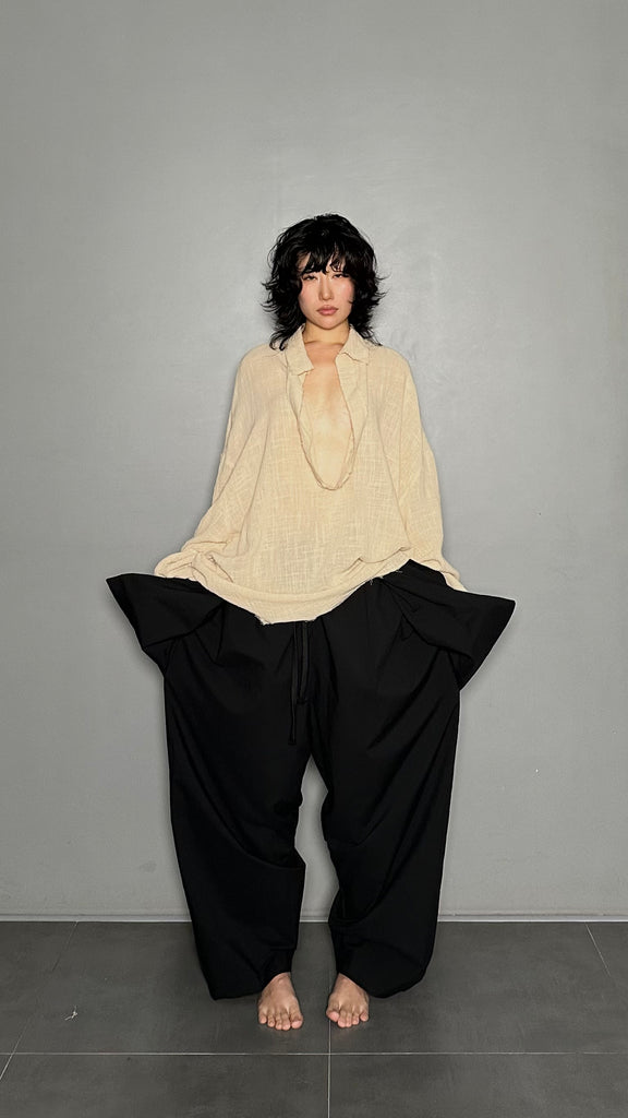 SS25 AMU Unisex. Oversized Low-Neckline Shirt Top #BEIGE