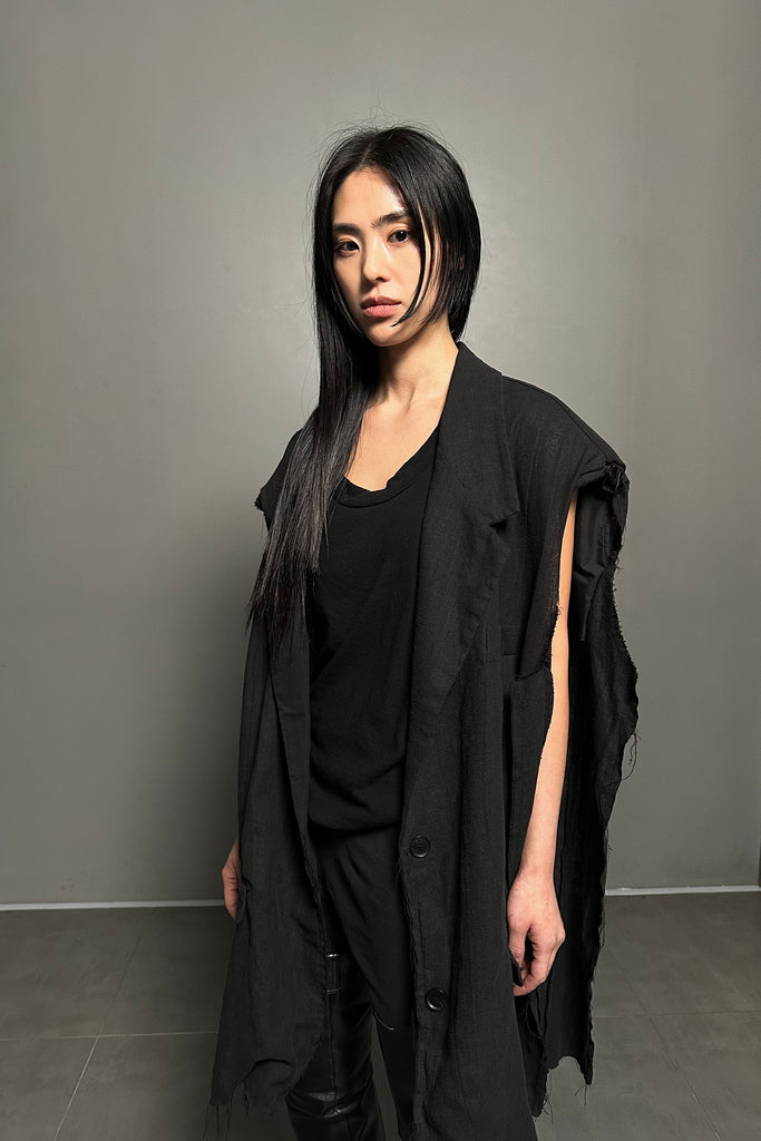 SS24 UNISEX AMU OVERSIZED LINEN VEST JACKET #BLACK