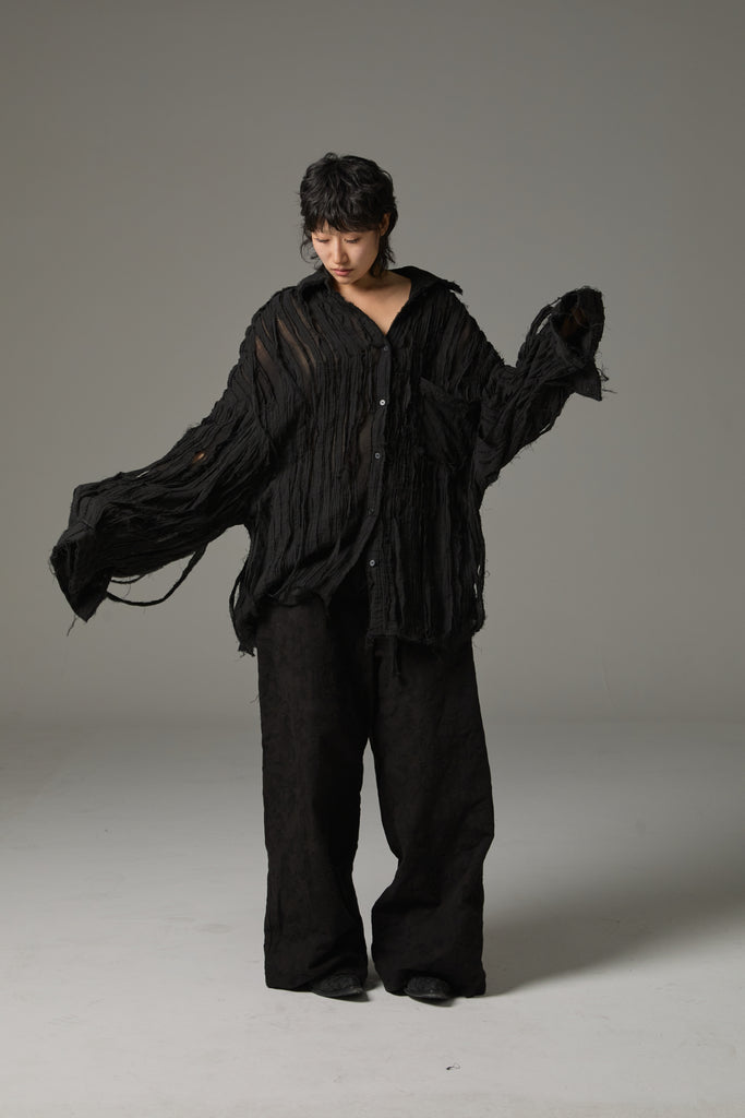 FW25 AMU UNISEX. Hand-Cut Washed Oversized Shirt #BLACK