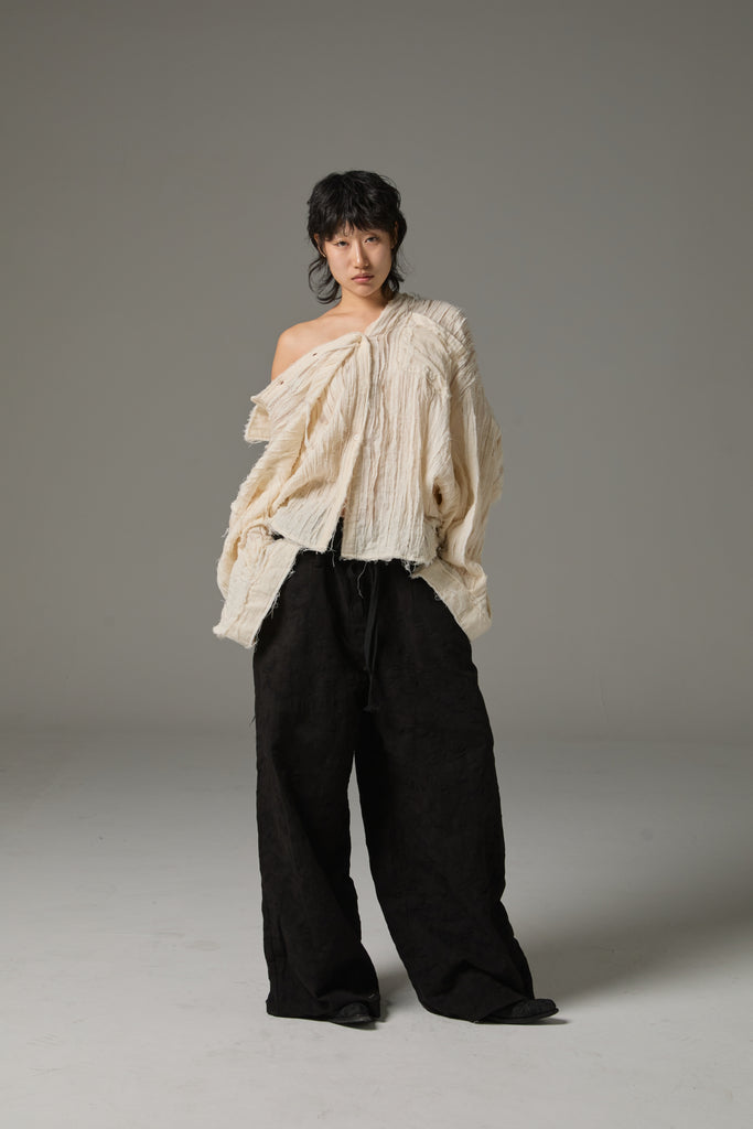 FW25 AMU UNISEX. Hand-Cut Washed Oversized Shirt #BLACK