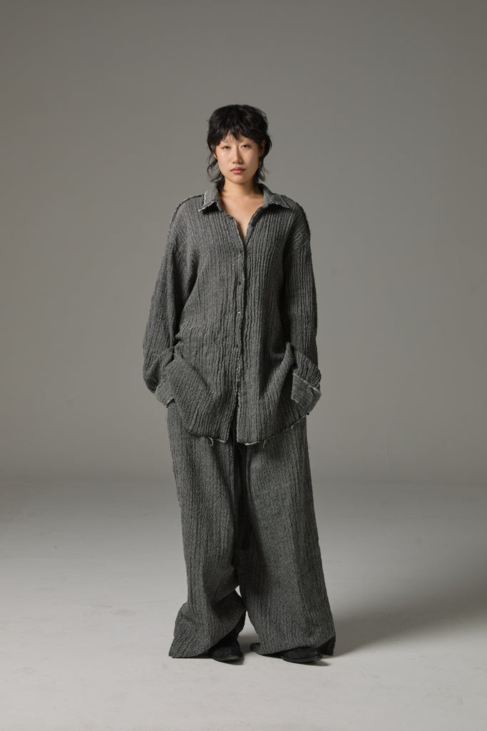 FW25 AMU UNISEX. Washed Oversized Herringbone Wool Shirt #BLACK