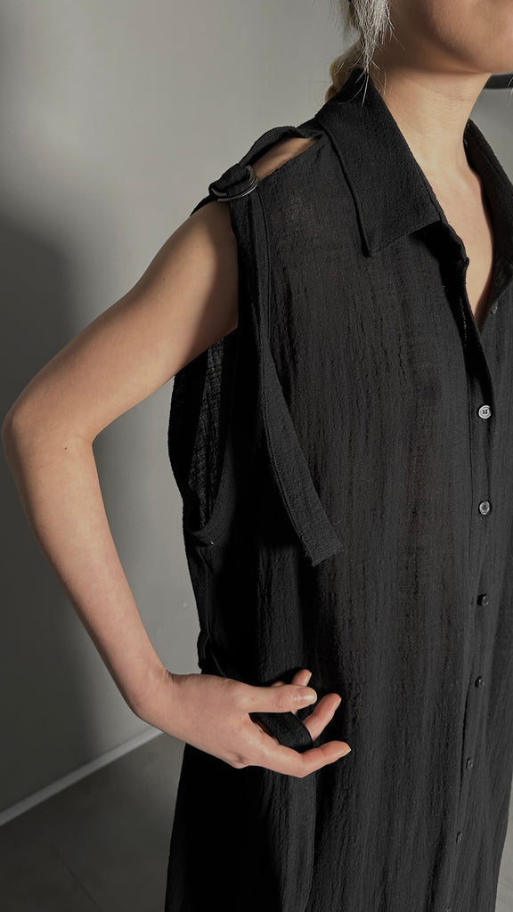 SS25 AMU Unisex Buckle Long Shirt #BLACK