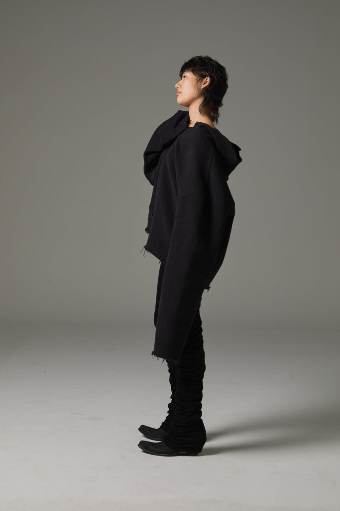 FW25 AMU UNISEX. Cut-Out Washed Oversized Napped Hoodie #BLACK