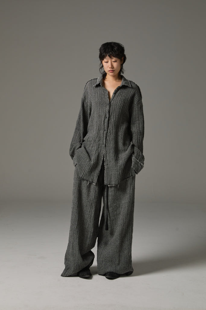 FW25 AMU UNISEX. Washed Oversized Herringbone Wool Shirt #BLACK