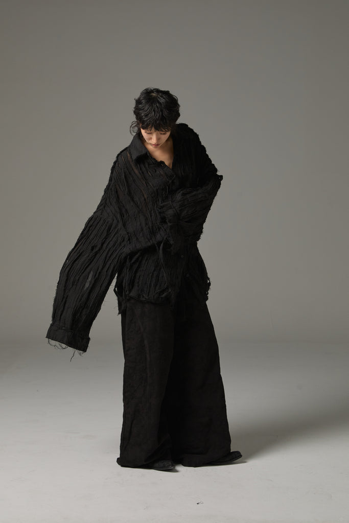 FW25 AMU UNISEX. Hand-Cut Washed Oversized Shirt #BLACK