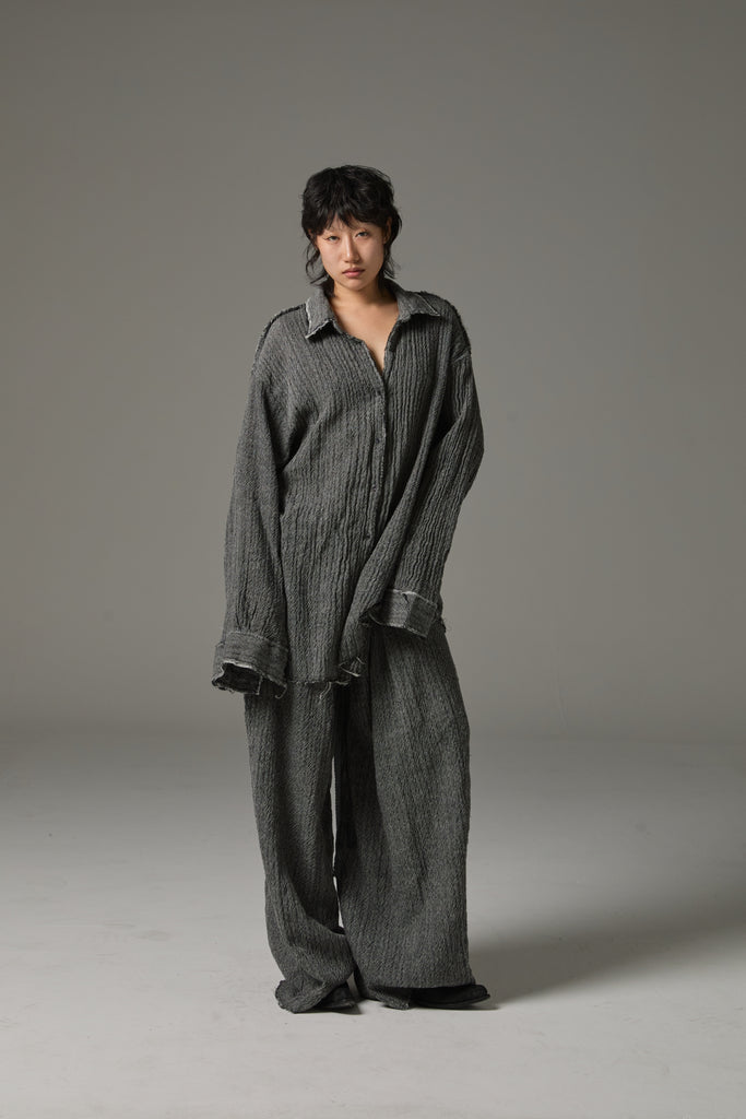 FW25 AMU UNISEX. Washed Oversized Herringbone Wool Pants #BLACK