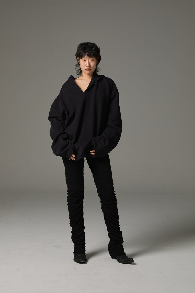 FW25 AMU UNISEX. Cut-Out Washed Oversized Napped Hoodie #BLACK