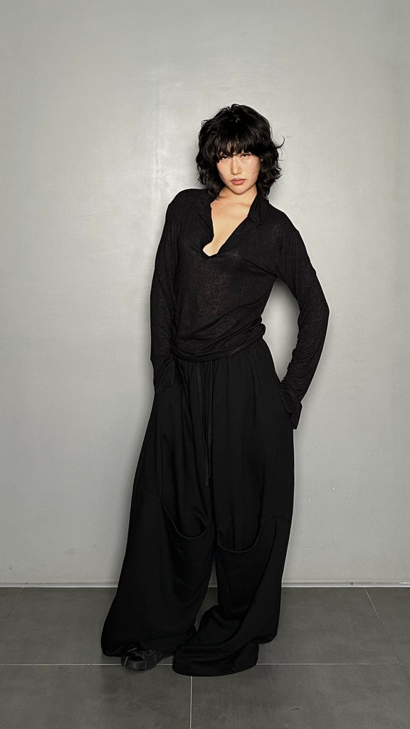 FW25 AMU Unisex. Wool-Tencel Long-sleeve Tee #BLACK